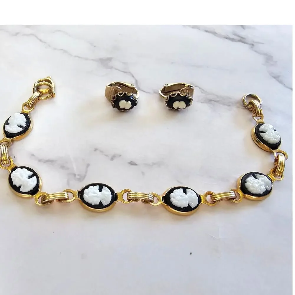 Vtg 1960s Kids Cameo Bracelet Clip Earrings Set Black White Gold Tone